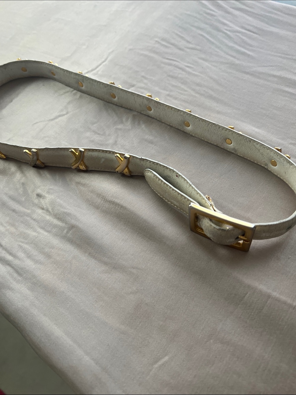 Vintage Paloma Picasso Off-White Leather Belt with Gold X-Stud Accents Logo 26"